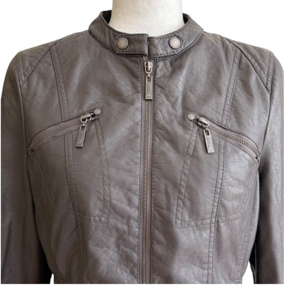 Jou Jou Gray Faux Leather Detachable Hood Fitted Pockets Moto Jacket Coat Medium - Picture 5 of 14